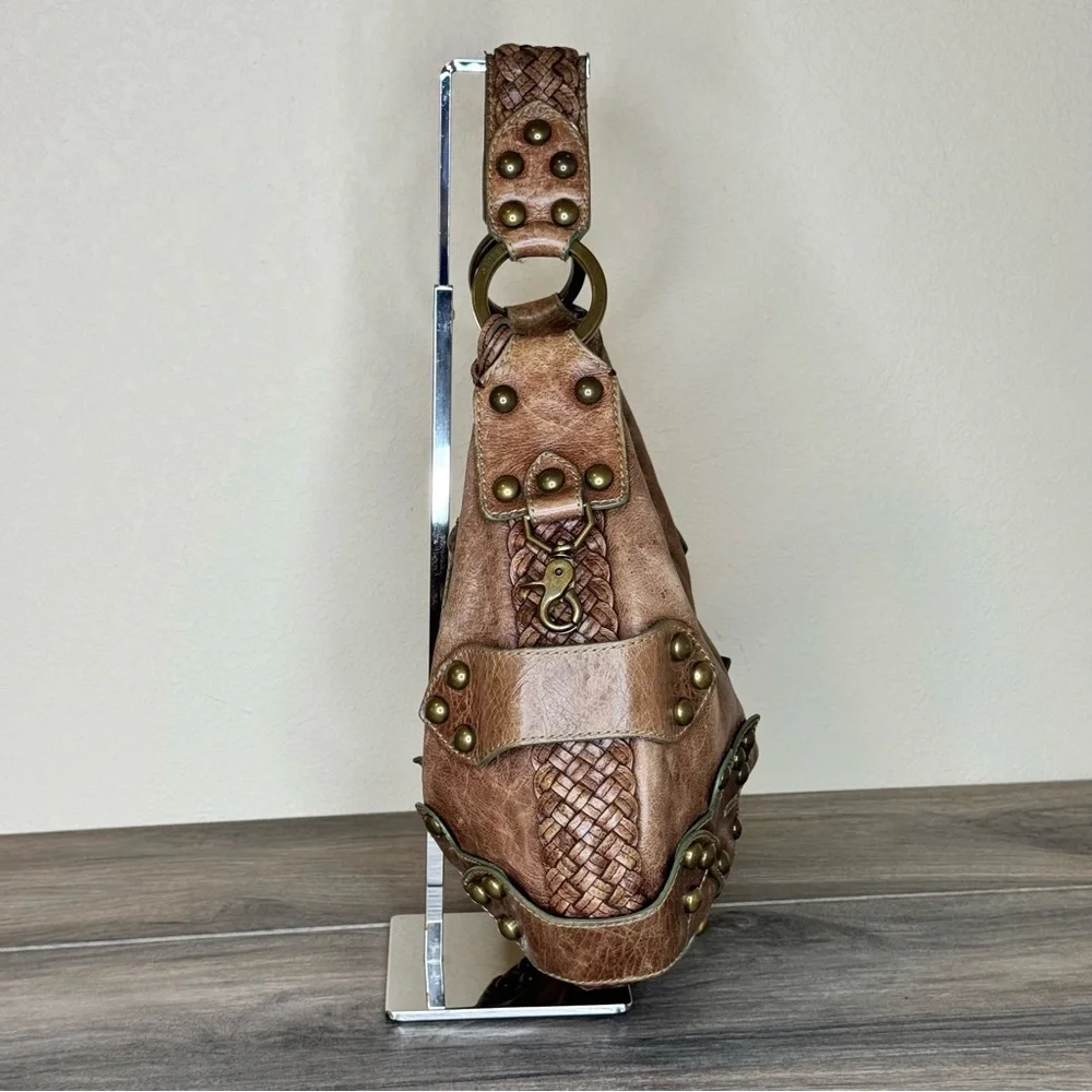 Isabella Fiore Oasis Hobo Brown Distressed Leather Brass Studded Shoulder Bag - Picture 4 of 16